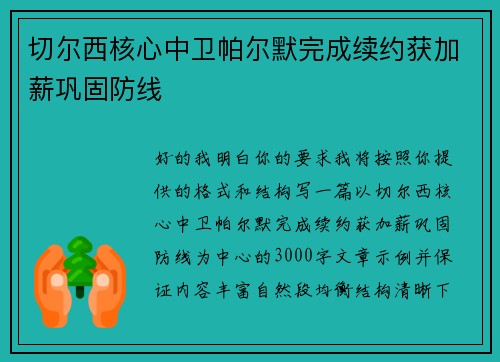 切尔西核心中卫帕尔默完成续约获加薪巩固防线