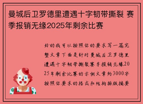 曼城后卫罗德里遭遇十字韧带撕裂 赛季报销无缘2025年剩余比赛